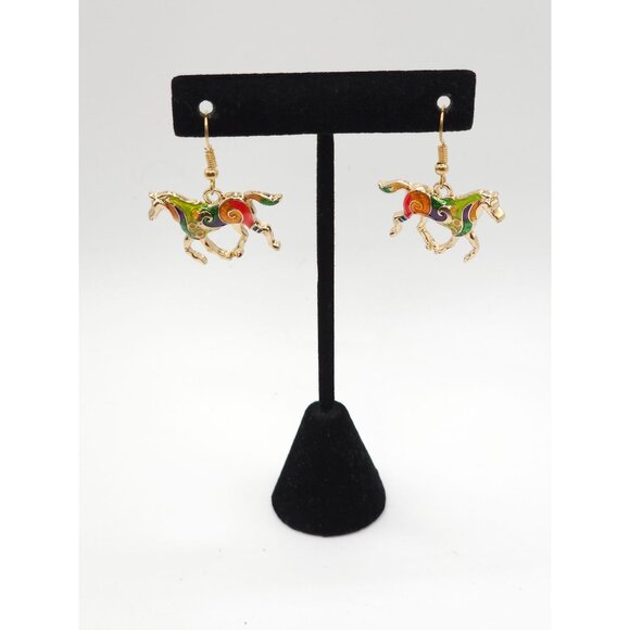 Gold-Tone Horse Earrings with Colorful Enamel Swirl Design Dangle Style Lightwei - Picture 3 of 12